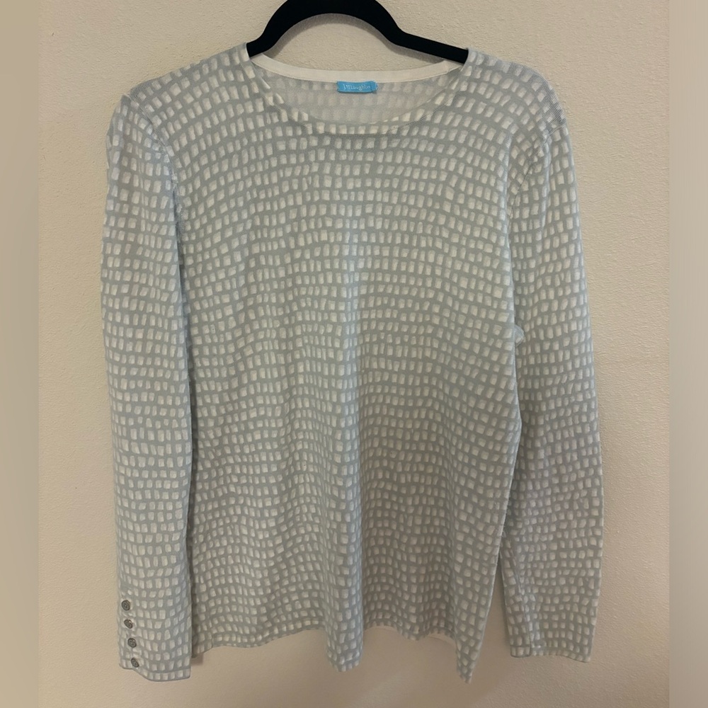 J. McLaughlin Jamey Sweater White and Gray Patterned Long Sleeve Top, Size L